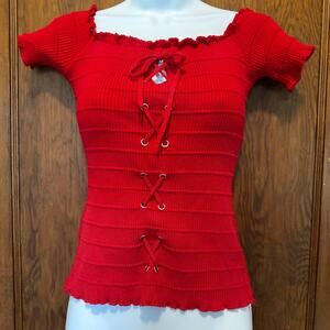 Ambiance Apparel Red Lace Up Stretchy Scalloped Knit Women's L Y2K